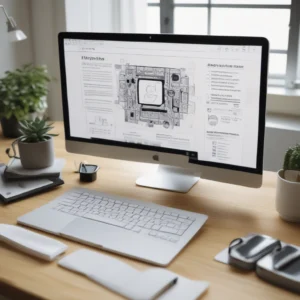 Workspace with laptop displaying AI blogging tools interface